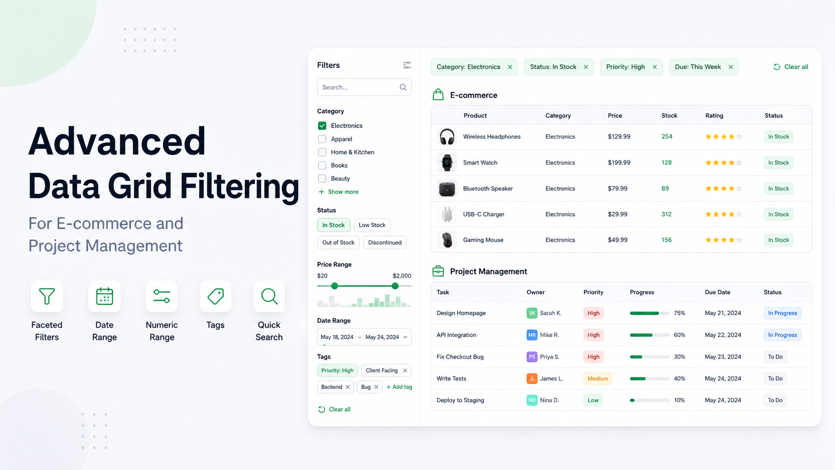 RevoGrid data grid with filters for e-commerce and project-management records