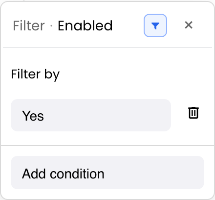 Boolean filter popup with an equality condition