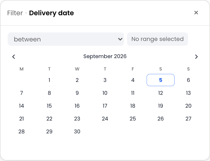Calendar Range filter showing an inclusive date range in a monthly calendar