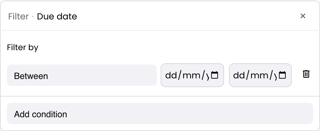 Date filter popup with a Between condition and two calendar date inputs