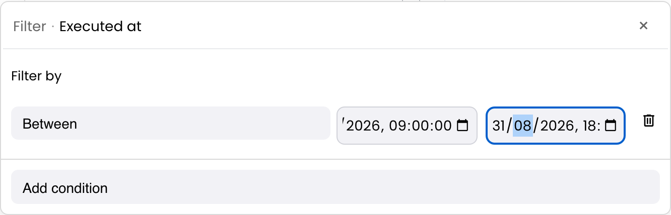 Datetime filter popup with a Between condition and two datetime inputs