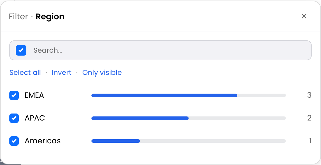 Faceted List filter with searchable values and visible count bars