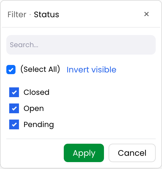 Excel-style selection filter with searchable checklist and Apply and Cancel buttons