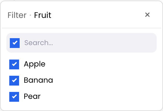 Selection filter popup with a searchable checklist of values