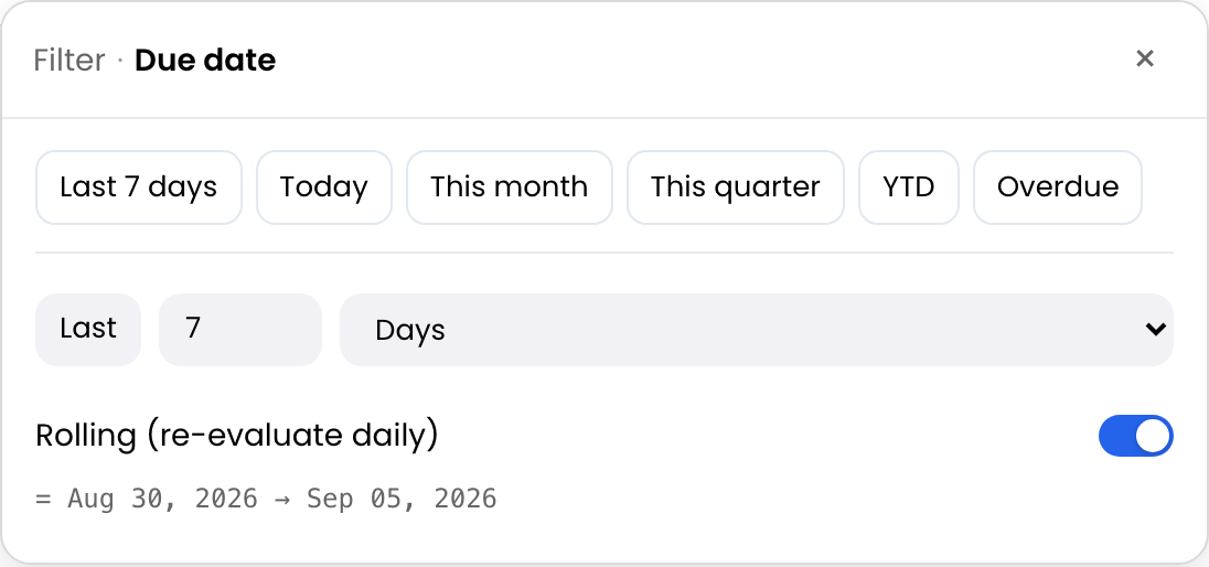 Relative Window filter showing rolling date-period choices