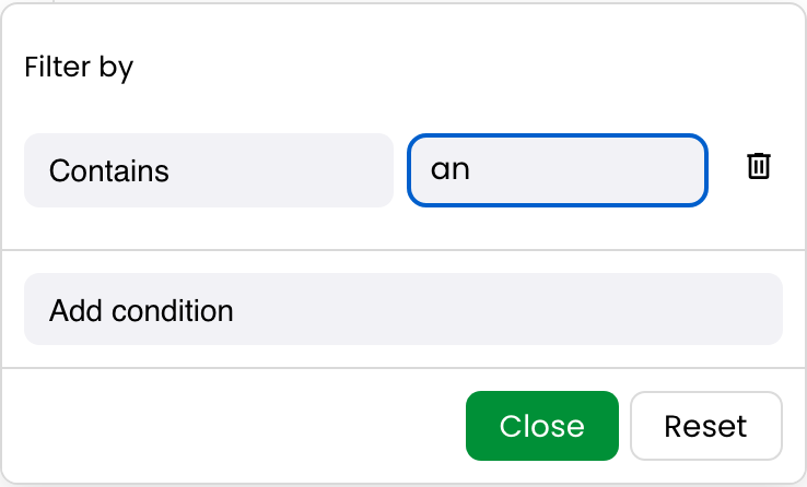 Text filter popup with a Contains condition set to an