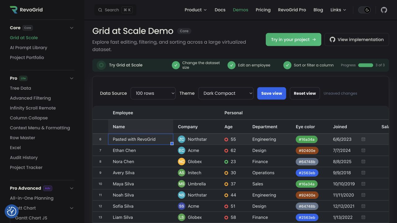 RevoGrid Core demo after a value was pasted into an active grid cell